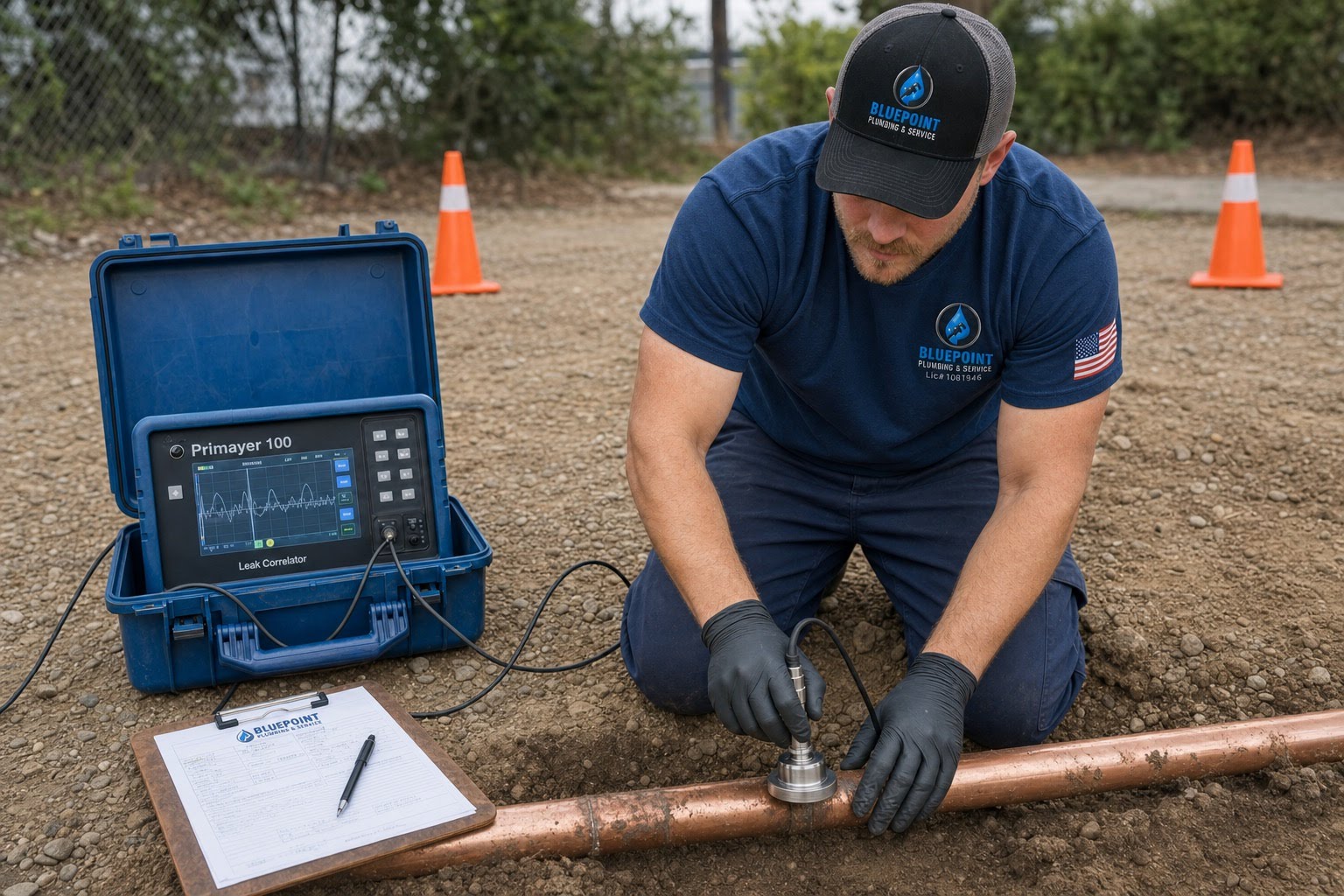 BluePoint technician using professional leak detection equipment on copper line in Santa Clarita