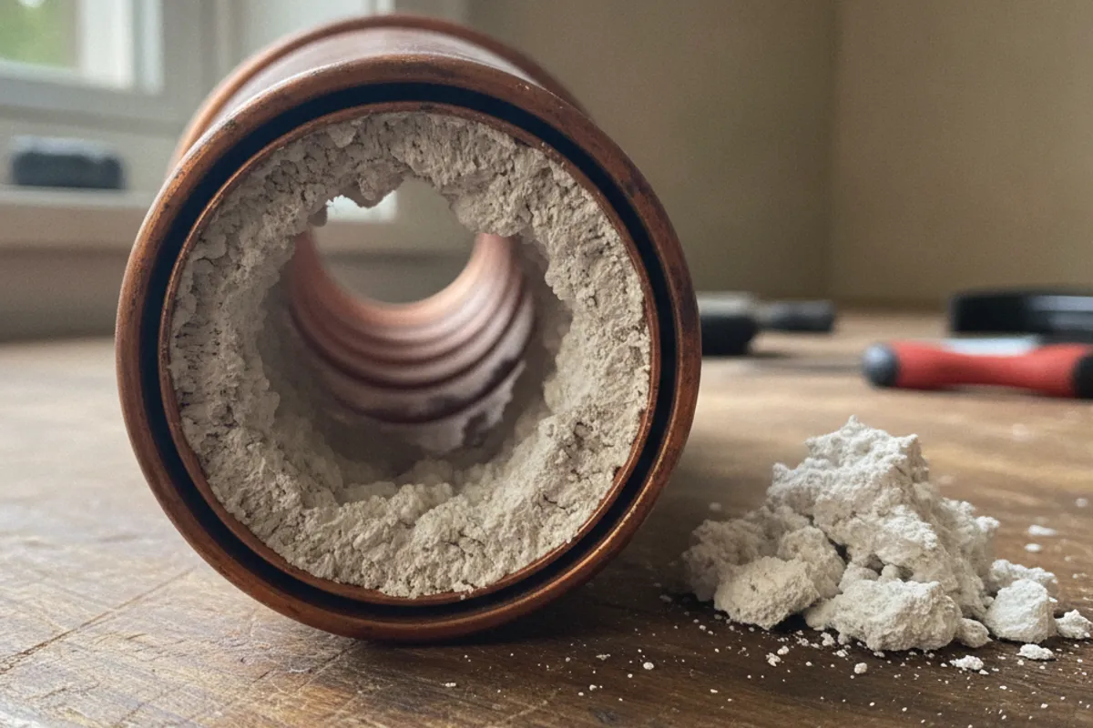 Cut-away copper heat exchanger tube with a thick layer of white mineral scale narrowing the passage