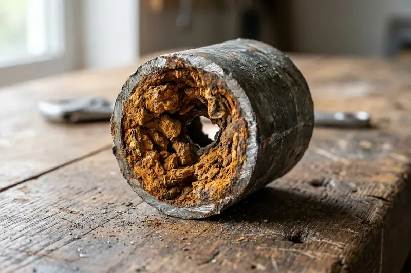 A cut section of old galvanized pipe with its inside narrowed by lumpy rust deposits