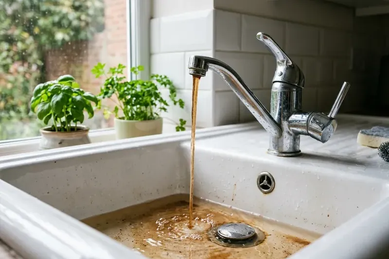 A kitchen faucet running slightly brown, rust-tinted water into a white sink