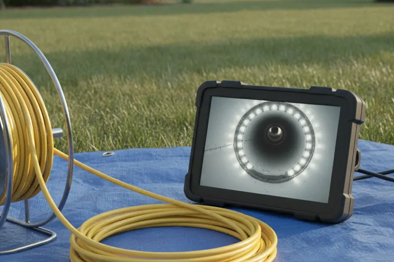 Portable sewer inspection camera monitor on a tarp showing the inside of a clean drain pipe