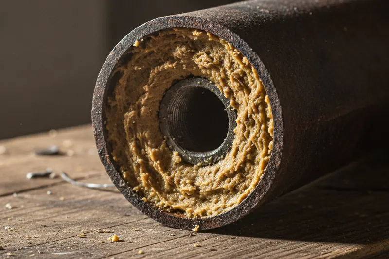 Cut section of old cast iron drain pipe thickly lined with hardened grease, with a narrow hole bored through the middle