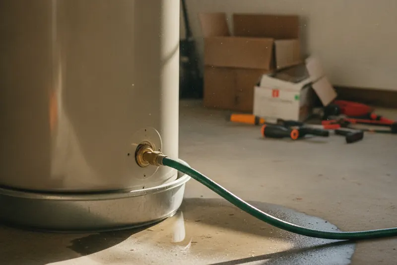 Water pooling on a garage floor around the base and drain pan of a tank water heater