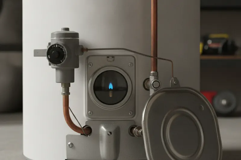 The lower front of a gas water heater with the burner cover removed, showing a small blue pilot flame and the gas control valve