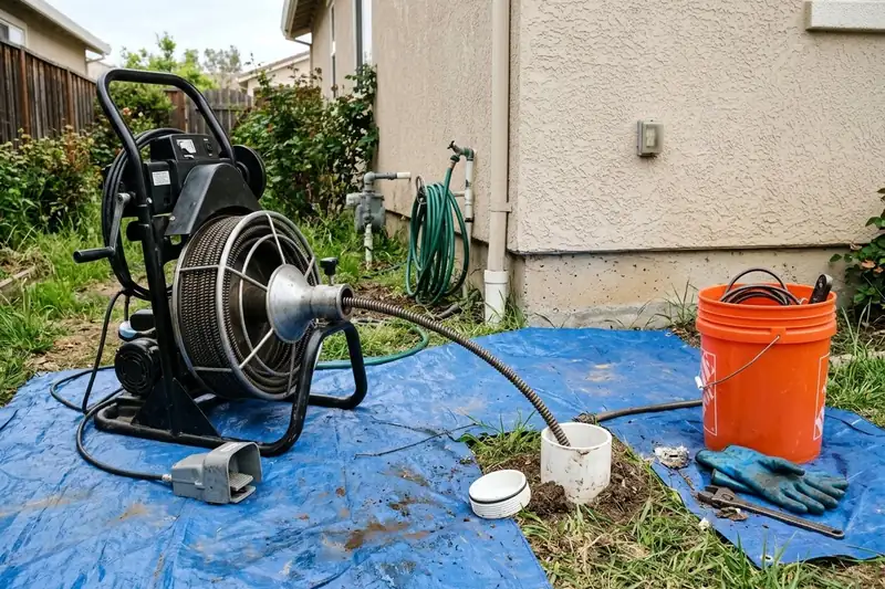 A drain cable machine set up beside an open sewer cleanout in the side yard of a house