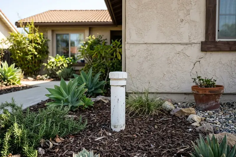 A white capped sewer cleanout pipe in a front yard flower bed beside a stucco house