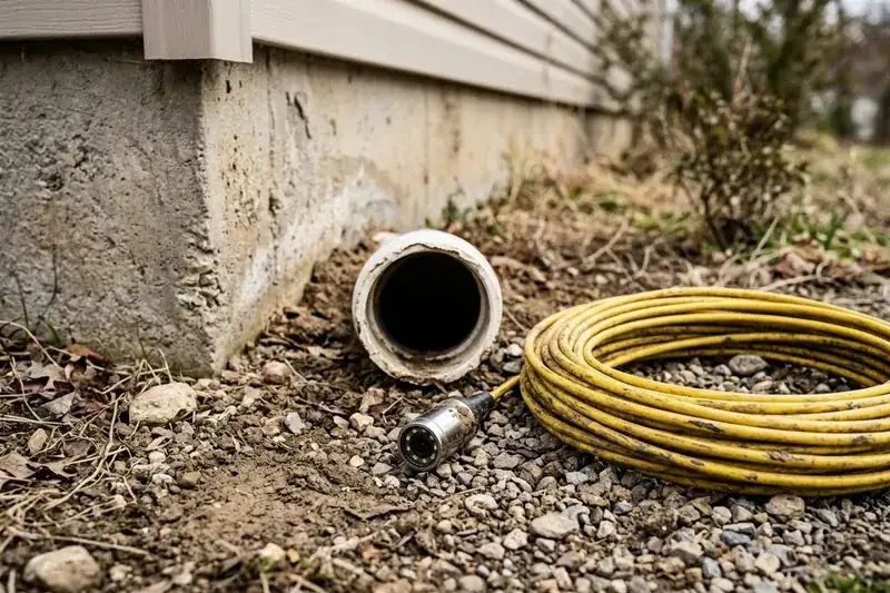 A sewer cleanout pipe beside a house foundation with a coiled inspection camera cable resting next to it