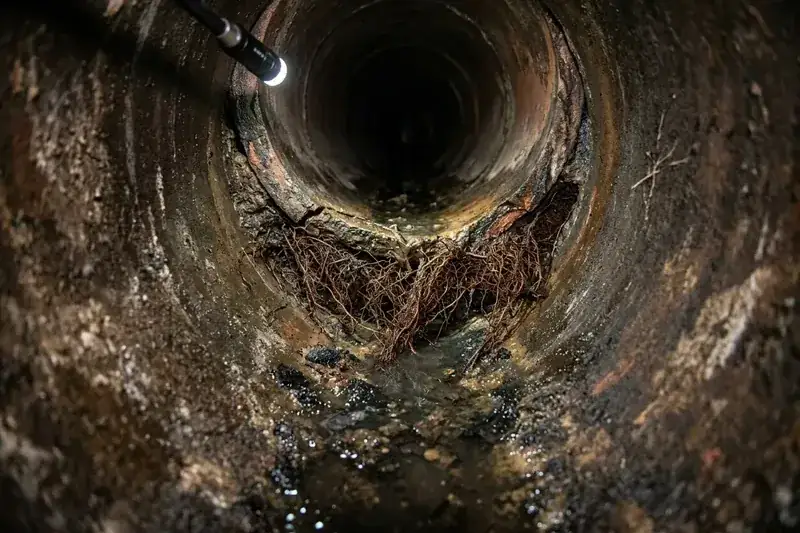 The view inside an old clay sewer pipe with fine tree roots growing through a joint