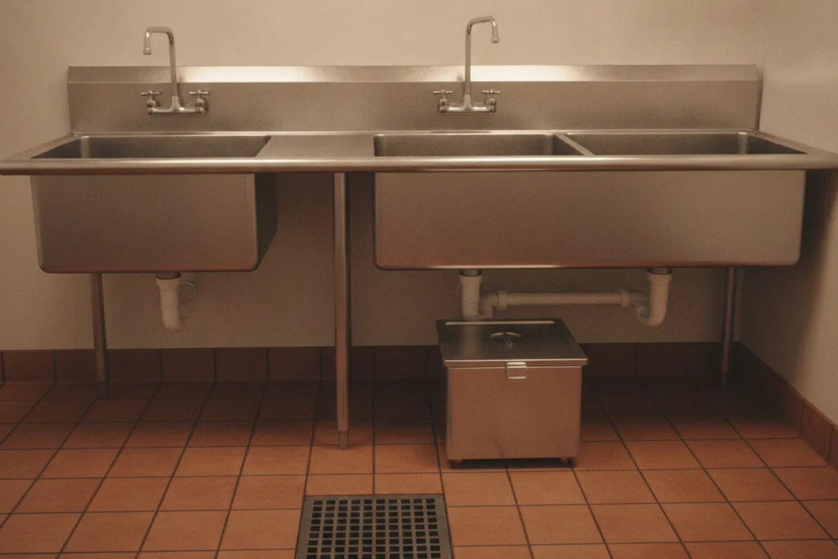 Small restaurant back-of-house with stainless steel sinks, an under-sink grease trap and a floor drain grate