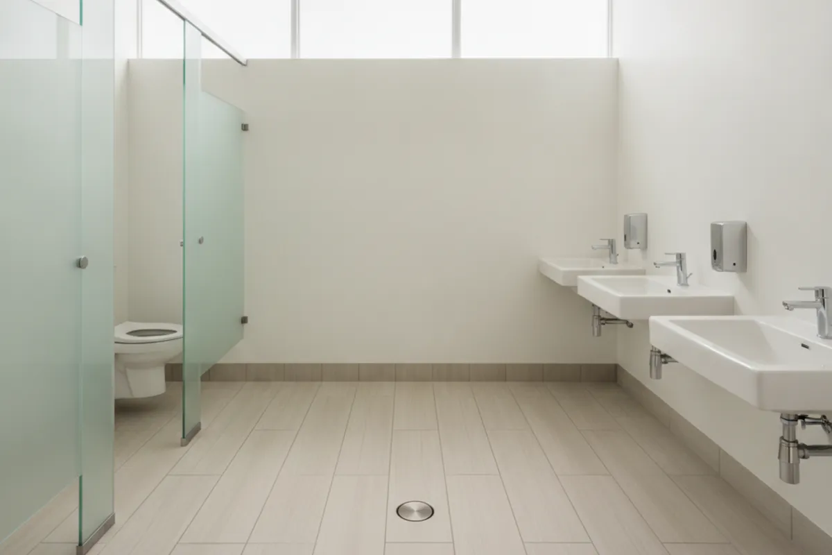 Clean small-business restroom with partitioned toilets, wall-mounted sinks and a central floor drain