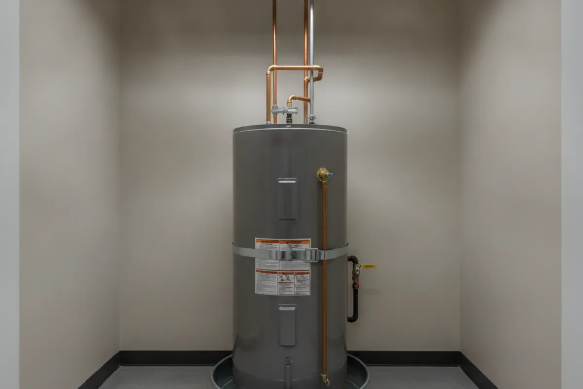 Commercial storage water heater with seismic strap and drain pan in a small utility closet