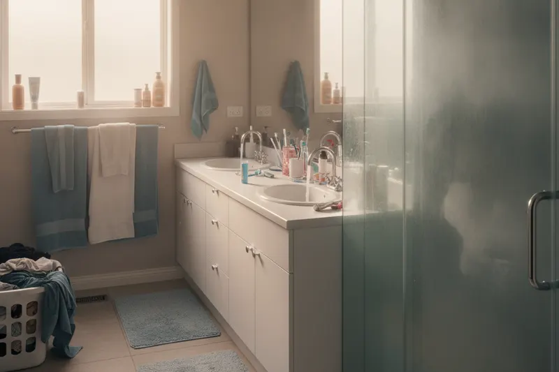 A busy family bathroom with a shower running behind a steamed glass door while a sink tap also runs