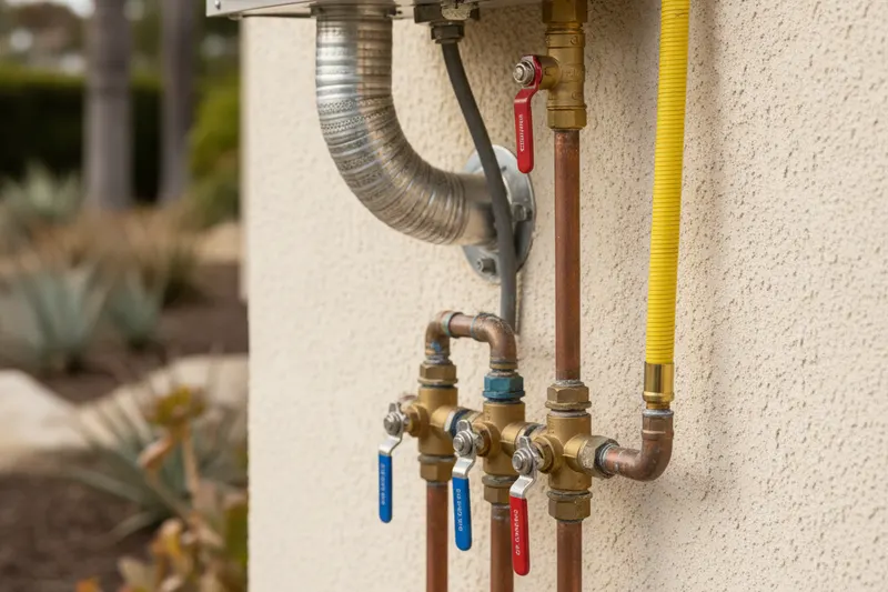 The underside of a wall-mounted tankless water heater with a stainless vent, a yellow flexible gas line and service valves on the water lines