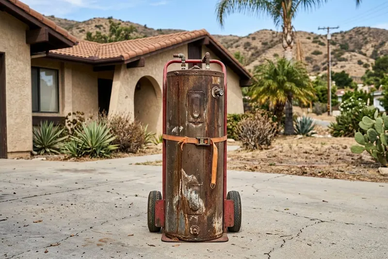 An old, rust-stained water heater tank on a hand truck in a driveway after removal
