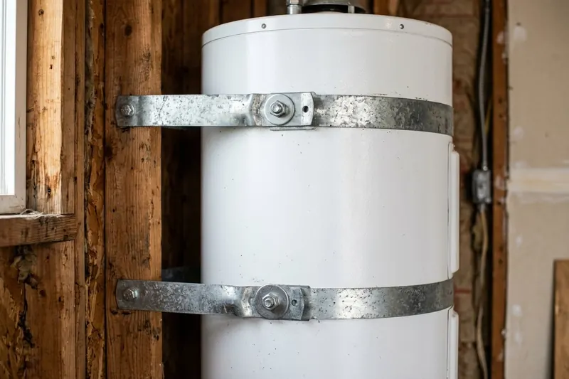 Two steel earthquake straps wrapped around a water heater tank and bolted into the wall behind it