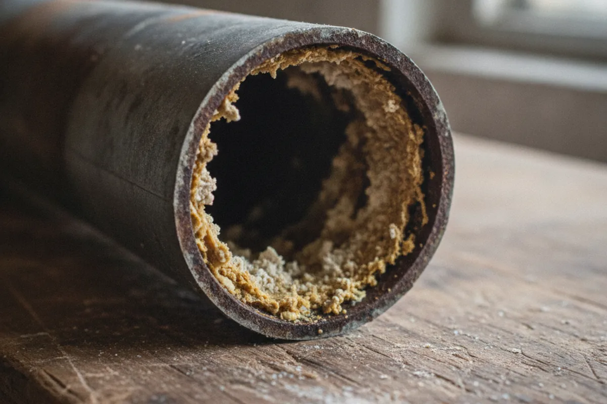 Old metal drain pipe with its opening narrowed by grease and scale buildup on the inner wall